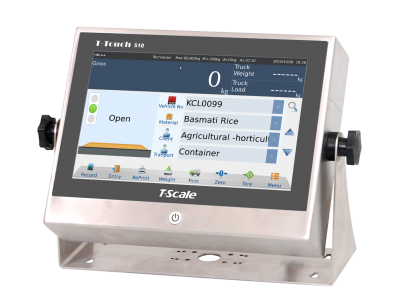 TScale weighing terminal interface displaying zero weight with selected waste type 'Basmati rice' in an agricultural container